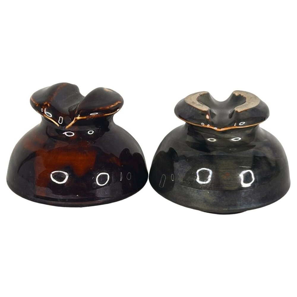 2 Ceramic Insulator Saddle Top Gray Brown Black Drip Glaze B Telephone Wire VTG - Picture 4 of 7